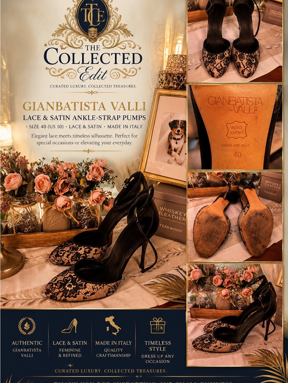 Giambatista Valli Black Lace & Satin Ankle-Strap Pumps